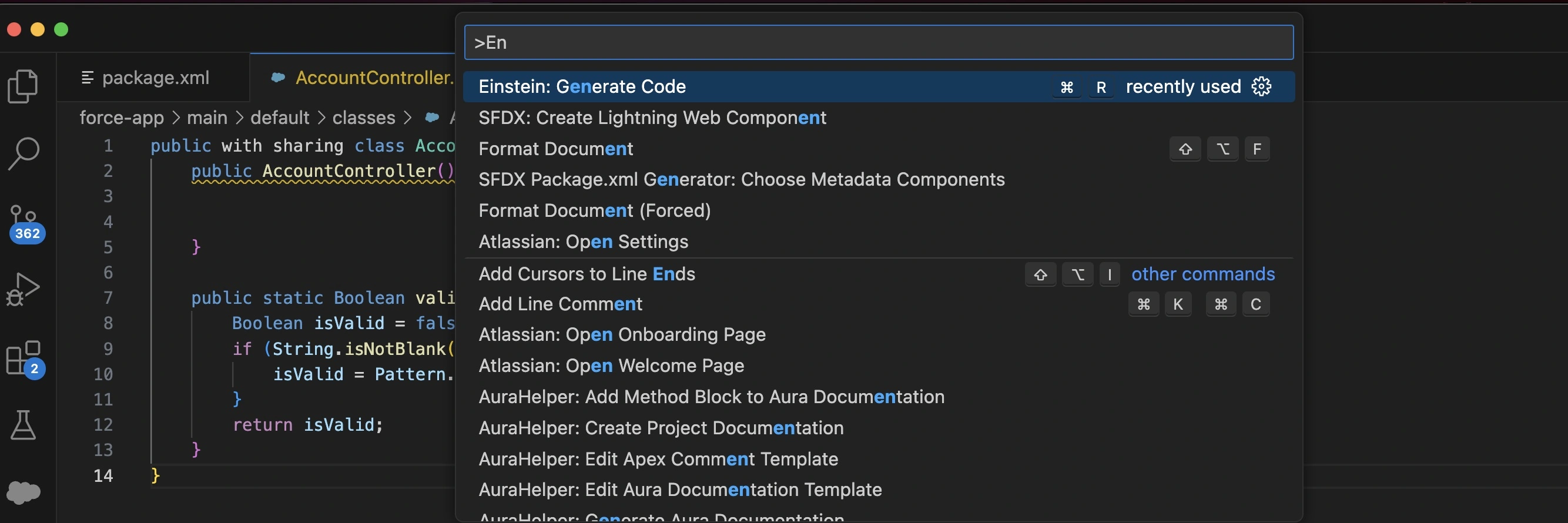 Enabling Einstein Apex GPT for visual studio code Einstein apex gpt visual studio code generation screen