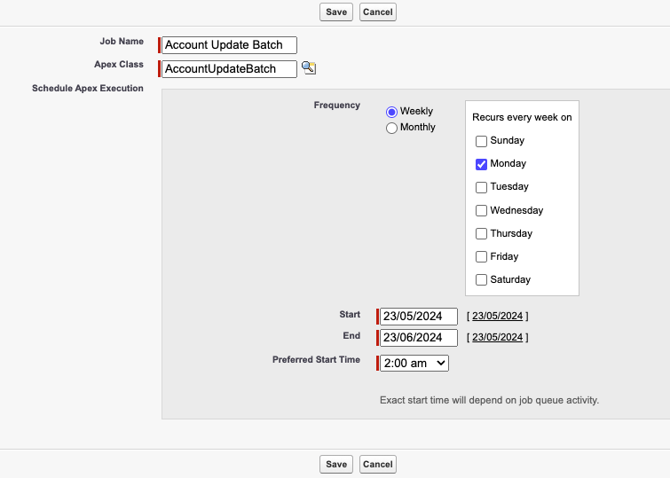 Schedule batch apex job screen in salesforce